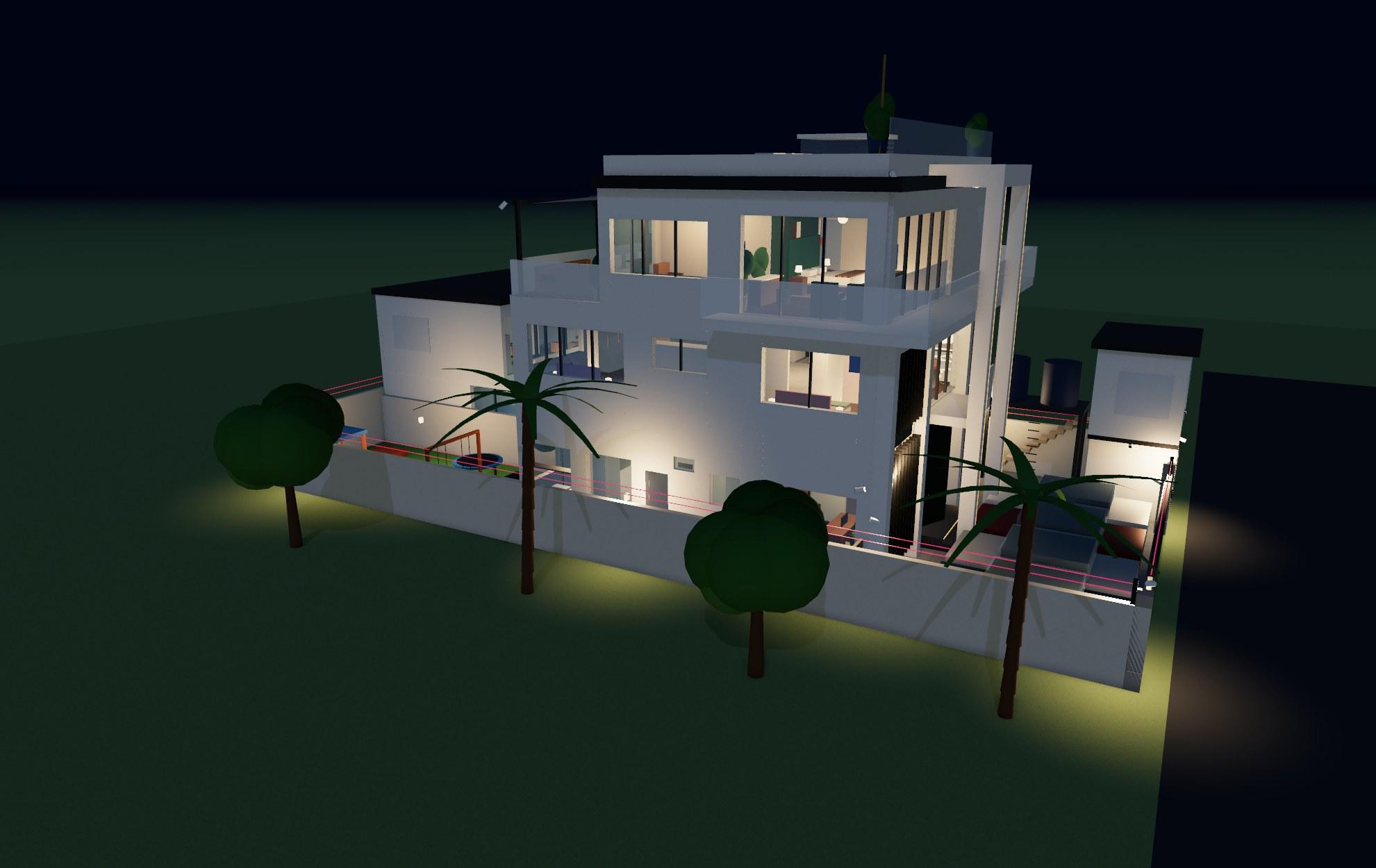 The duplex at night, with the lighting plan switched on