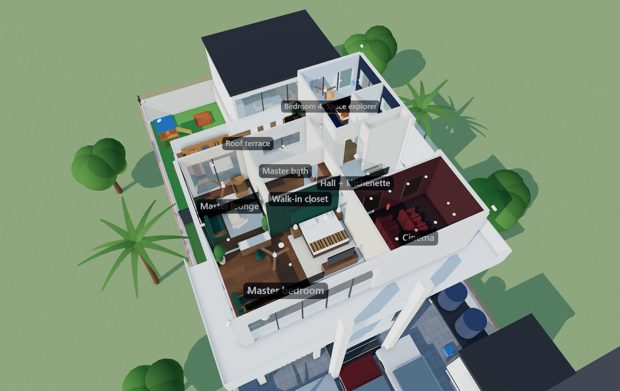 Top floor in 3D: master suite, cinema, kitchenette and roof terrace